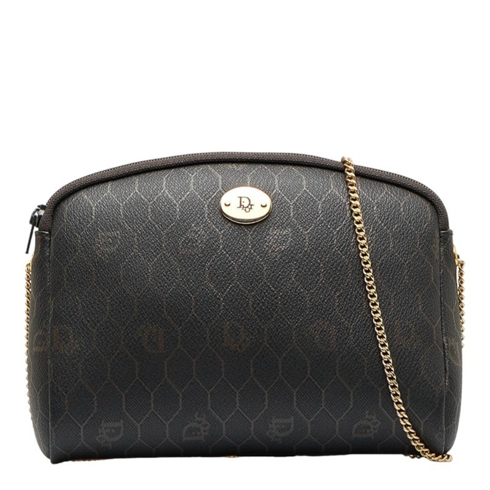 Dior Vintage Honeycomb Logo Chain Shoulder Bag Gray Beige PVC